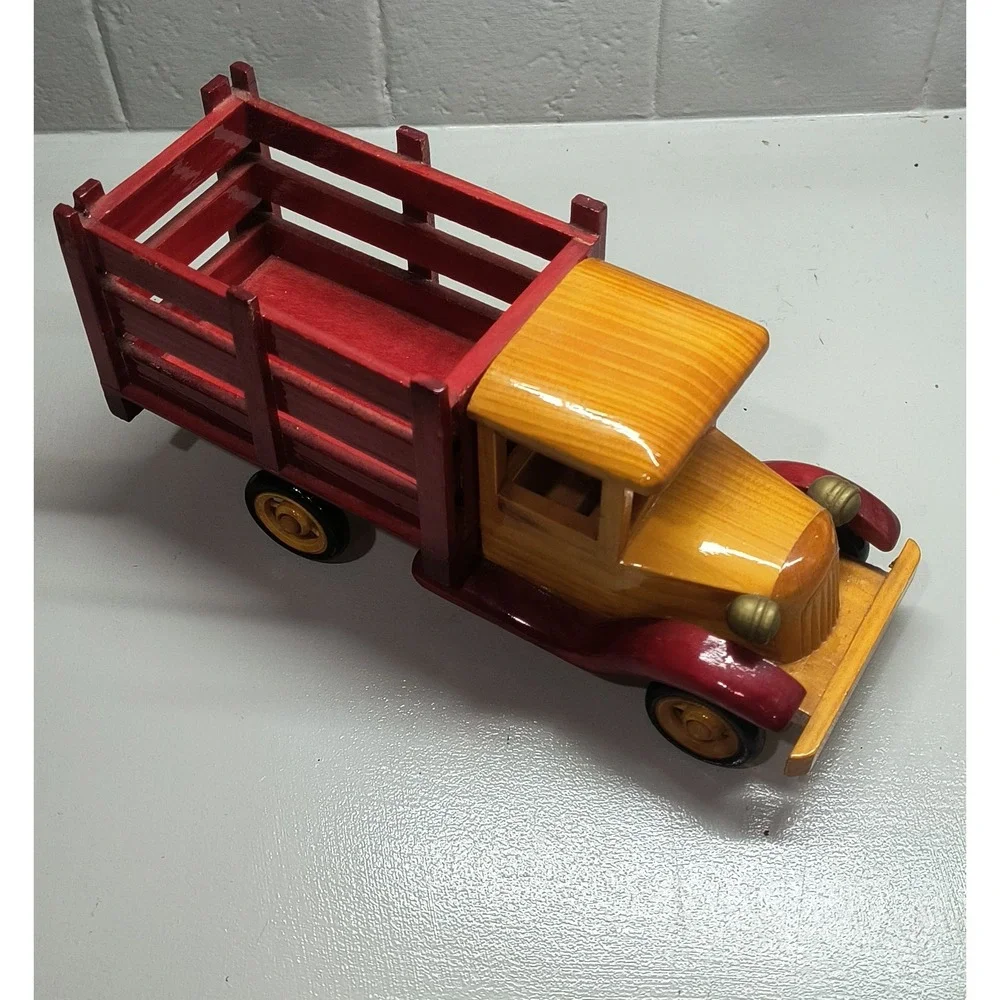 Vintage Style Wooden Stake Bed Toy Truck Red and Yellow Handcrafted Decor